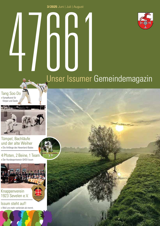 Cover der Sommerausgabe 3/2025 des Gemeindemagazins "47661 Unser Issumer Gemeindemagazin" mit großem Schriftzug und Wappen oben, Themenvorschau am linken Rand sowie einem Hauptbild mit Sonnenaufgang über einer Wiesen- und Flusslandschaft.